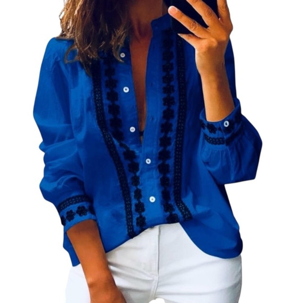 NWT Royal Blue Mandarin Collar Blouse Business Casual Lace Detail XL